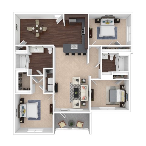 Floor plan for 3 beds, 2 baths, 1249 sqft